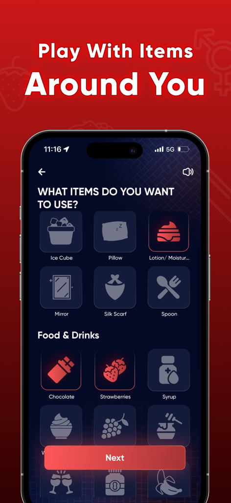 Tela do aplicativo mostrando um menu de itens como chocolate e travesseiros para usar em jogos de casais adultos.