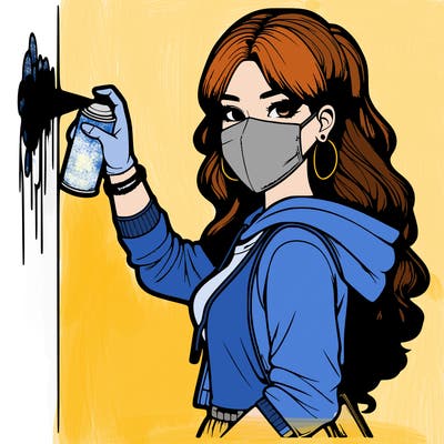realistic girl with mask spray painting a wall