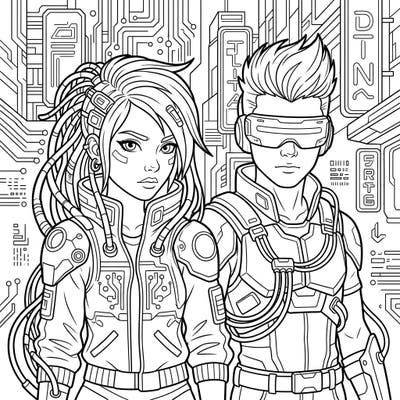 Ignite your imagination with this thrilling coloring page featuring two stylish cyberpunk teenagers. Explore a world of advanced tech and urban neon as you bring this futuristic scene to life.