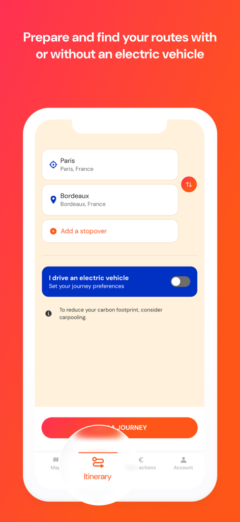 Screenshot of the Ulys app showing the itinerary screen with a route from Paris to Bordeaux and a toggle for electric vehicle preferences.