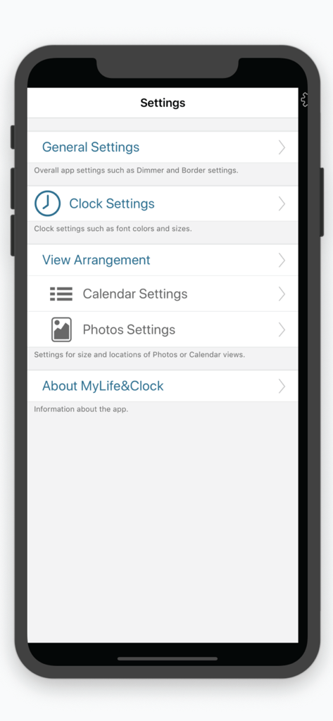 Clocke - O menu de configurações do aplicativo Clocke mostrando opções de personalização para idosos