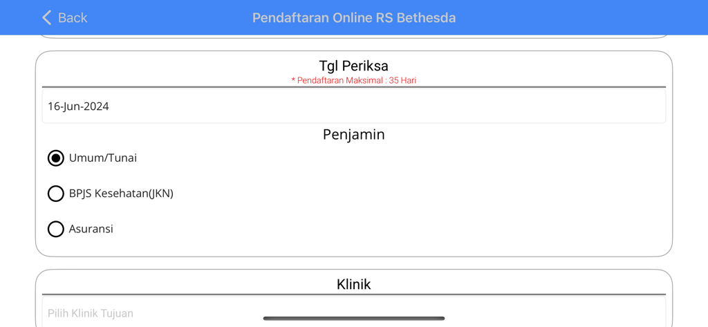 Online registration form in the RS Bethesda mobile app showing check up date selection and payment guarantor options
