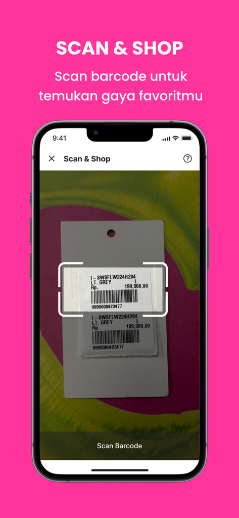 Colorbox 모바일 앱이 스캔 및 쇼핑 기능을 표시하고 가격표 바코드를 스캔하고 있습니다.