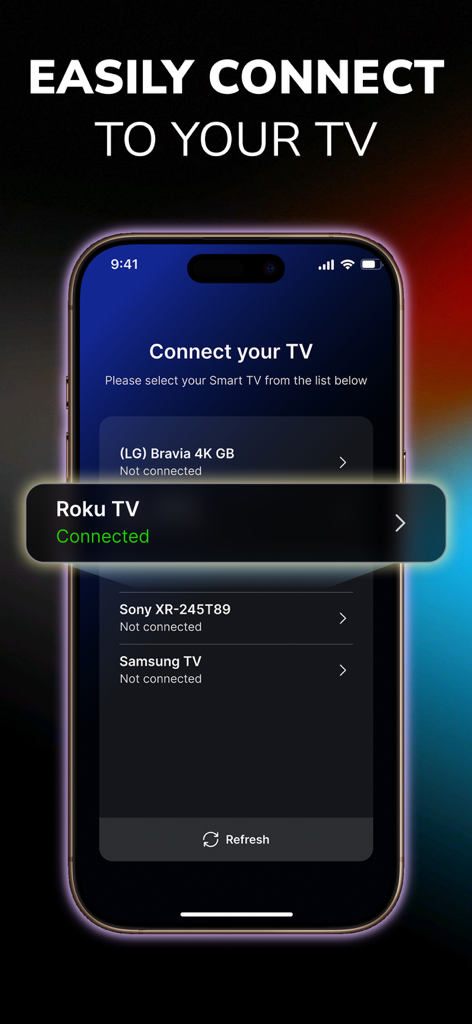 TV Remote Control - Smart TVs - Interface de l'application Télécommande TV montrant la connexion réussie à une TV Roku