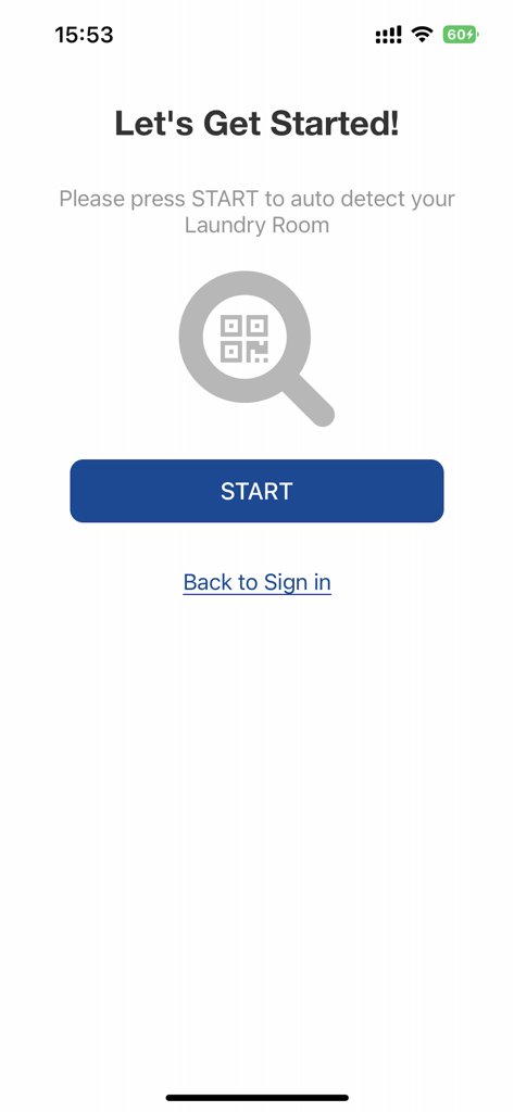 Coinamatic CP Mobile - Coinamatic CP Mobile app screen to start auto detecting a laundry room with a QR code scan