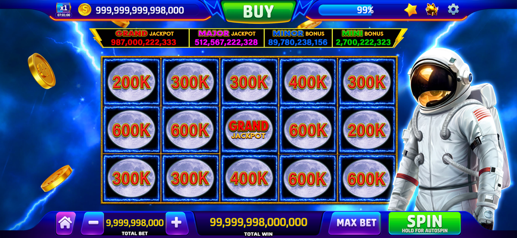 X Slots - Casino Games - Space themed slot machine in X Slots featuring an astronaut and large coin jackpots on moon symbols