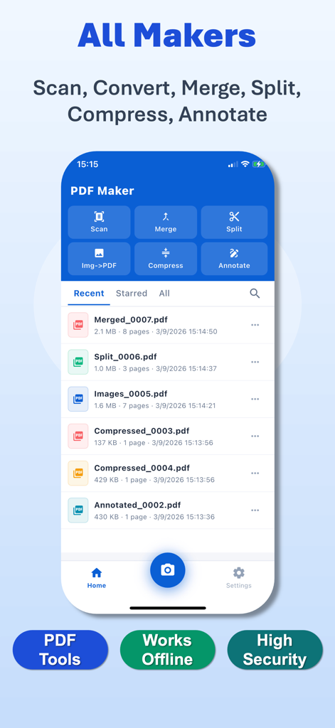 PDF Maker: Scanner & Converter - Pantalla principal de la aplicación PDF Maker destacando las funciones de escaneo, fusión y división de documentos.