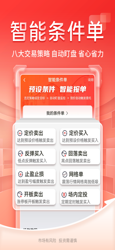 开源证券肥猫—股票开户 基金理财 - Una interfaz móvil de la aplicación Kaiyuan Securities Fat Cat que muestra varias opciones de órdenes de trading inteligentes y estrategias de inversión automatizadas en chino.