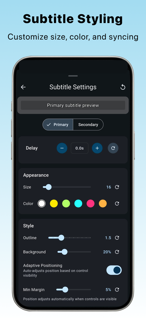 SubX Player – Dual Subtitles - Interface de l'application mobile SubX Player montrant les paramètres de personnalisation des sous-titres pour la taille, la couleur et la synchronisation.