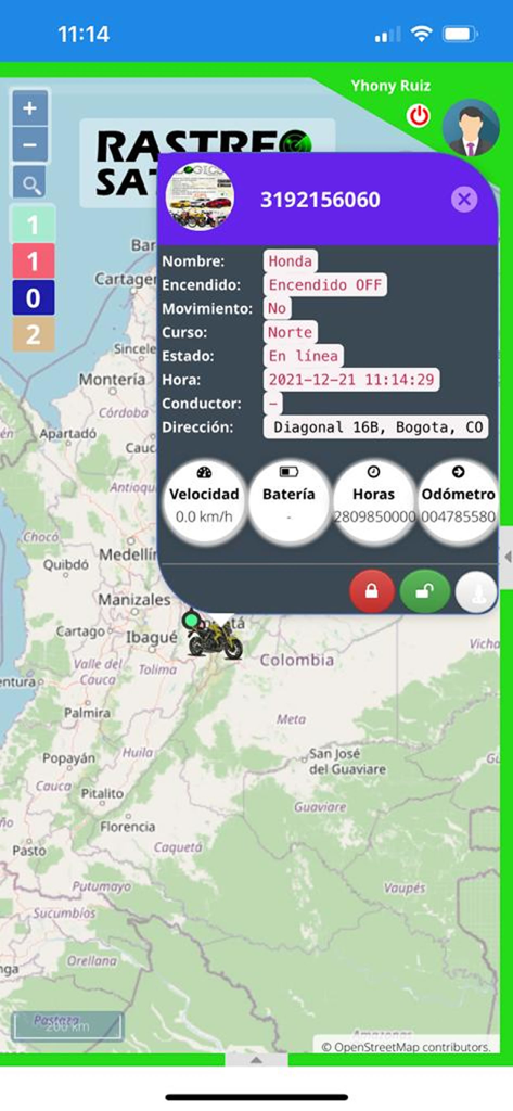 Localizador Uno - Interfaccia di localizzazione veicoli in tempo reale dell'app Localizador Uno che mostra una motocicletta su una mappa con informazioni di stato