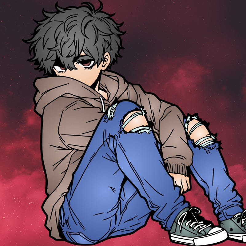 a male hoddie ripped jeans messy hair anime