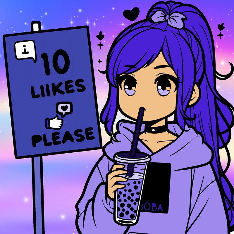 girl with a high ponytail and a hoodie drinking boba staring at a sign saying 10 likes please