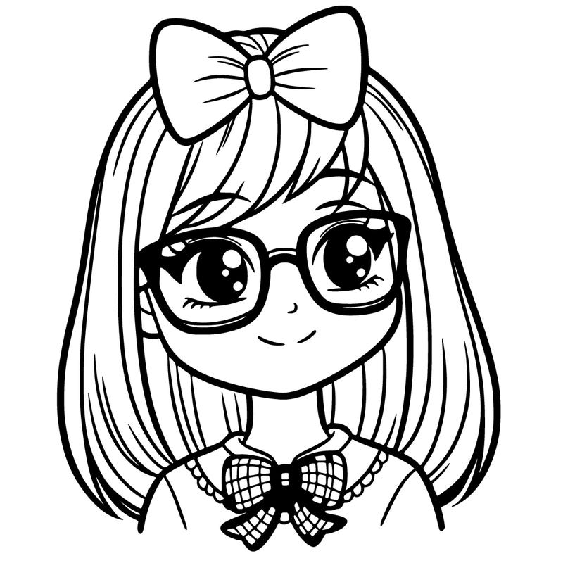 a girl with glasses and straight hair with a bow