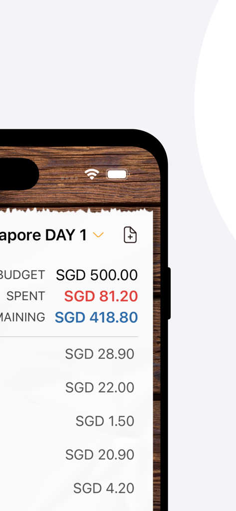 Trabee Spending Note - Mobile app interface showing daily travel spending list and remaining budget balance