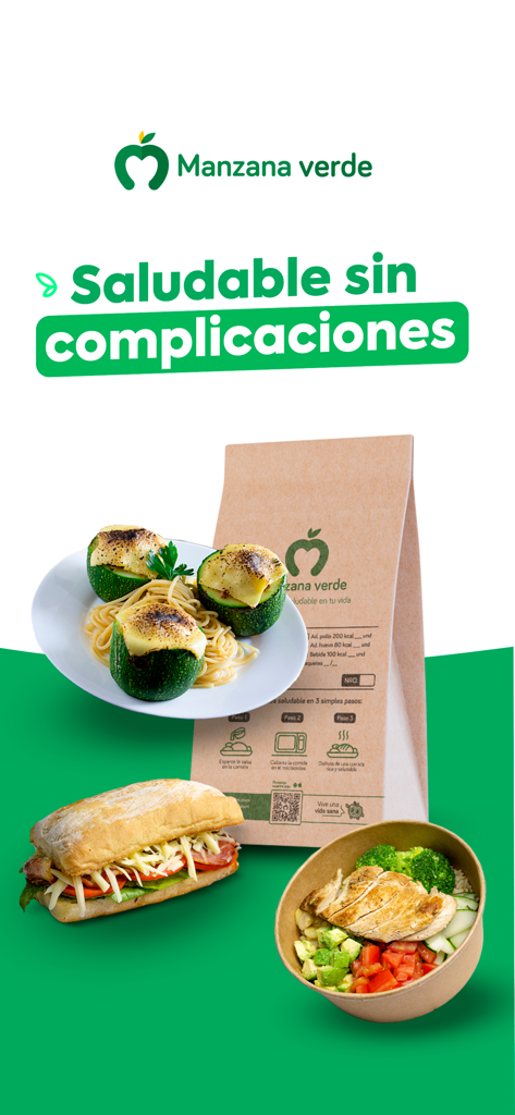 Manzana Verde - Healthy food - Pantalla de la app Manzana Verde mostrando varias opciones de comida saludable y empaques ecológicos