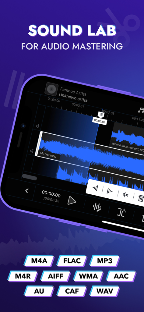 Audio Editor Tool: Edit Music - Audio Editor Toolのモバイルインターフェース。マルチトラック編集とサポートされているオーディオフォーマットを表示。