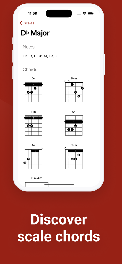 Scale Finder: Guitar Theory - Scale Finder app showing chord diagrams for the Db Major scale.