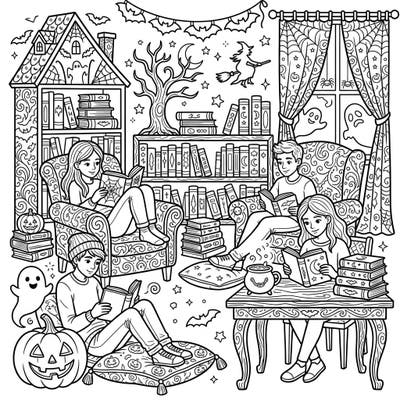 Combine your love for reading and the spooky season with this engaging coloring page featuring teenage readers. It's filled with fun Halloween decorations and cozy reading nooks, perfect for a relaxing creative session.