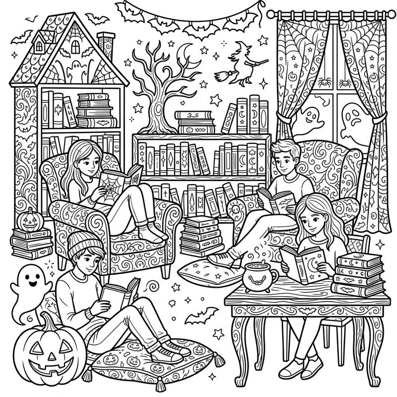 Combine your love for reading and the spooky season with this engaging coloring page featuring teenage readers. It's filled with fun Halloween decorations and cozy reading nooks, perfect for a relaxing creative session.
