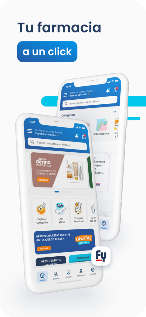 Fybeca Ecuador App - Zwei iPhone-Bildschirme, die die Benutzeroberfläche der Fybeca Ecuador Apotheken-App mit Liefer- und Rabattoptionen anzeigen