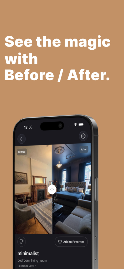 Livable - AI Interior Designer - Interface do aplicativo Livable mostrando um controle deslizante comparando um cômodo antes e depois de um redesenho de interior minimalista