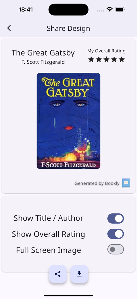 Bookly - Reading Tracker - Customizable social media share screen in the Bookly app showing a book review for The Great Gatsby