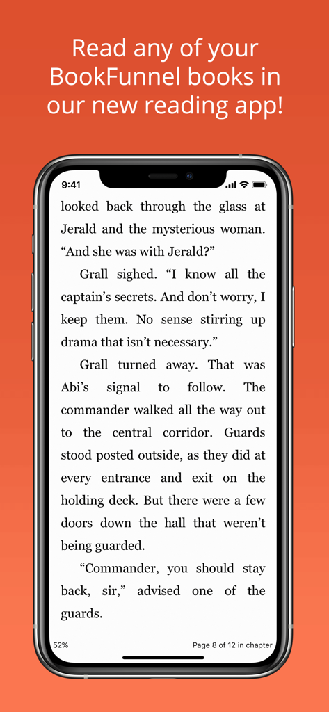 BookFunnel - iPhoneの画面。BookFunnel読書アプリでテキストが表示されている電子書籍のページが表示されています。
