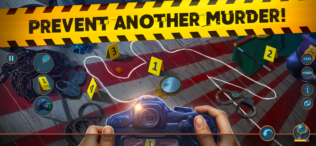 Hidden Objects: Deathly Trick - Detective investigating a crime scene with a camera and evidence markers