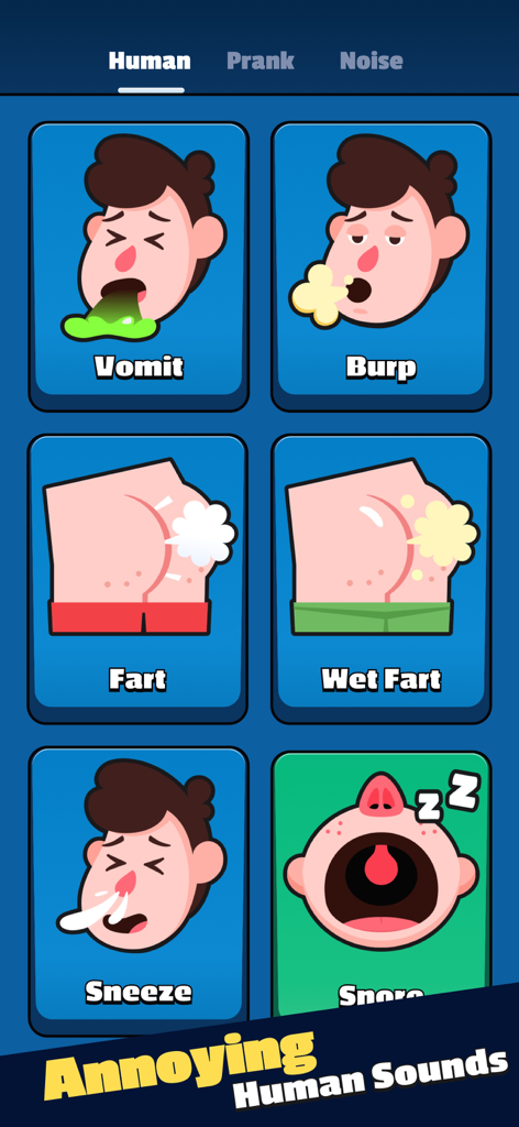 A menu of human prank sounds featuring cartoon icons for fart, burp, and vomit.