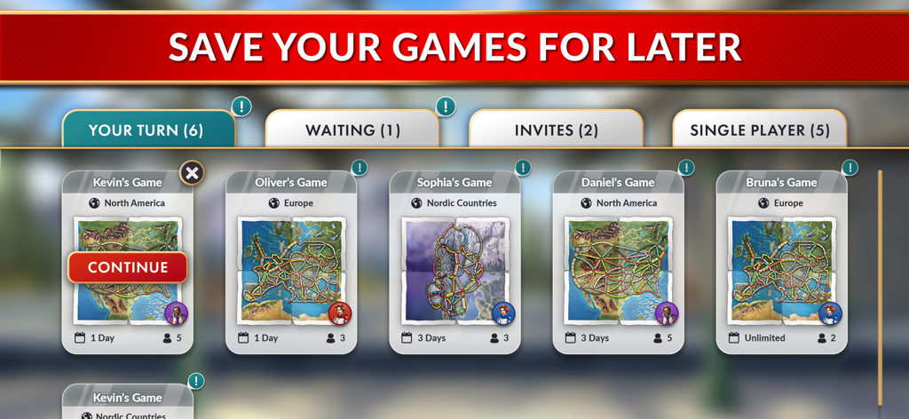 Interface showing multiple active games in Ticket to Ride allowing players to save and continue matches later