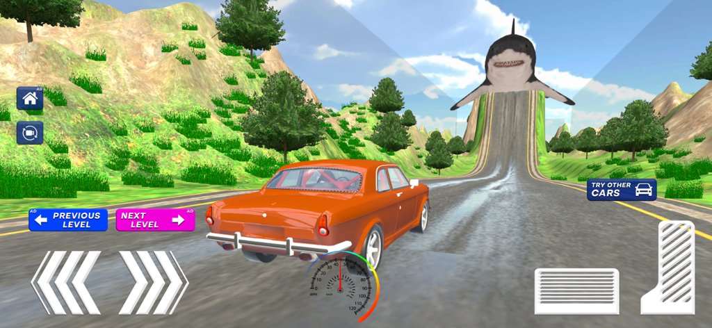 Car Crash Games: Car Accident - Orange car driving toward a giant shark head ramp in a physics based car crash game