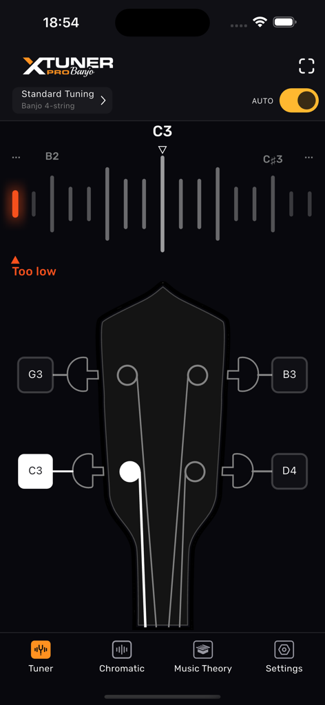 Banjo Tuner – XTuner PRO - Banjo Tuner XTuner PRO mobile app interface showing tuning status for a 4 string banjo