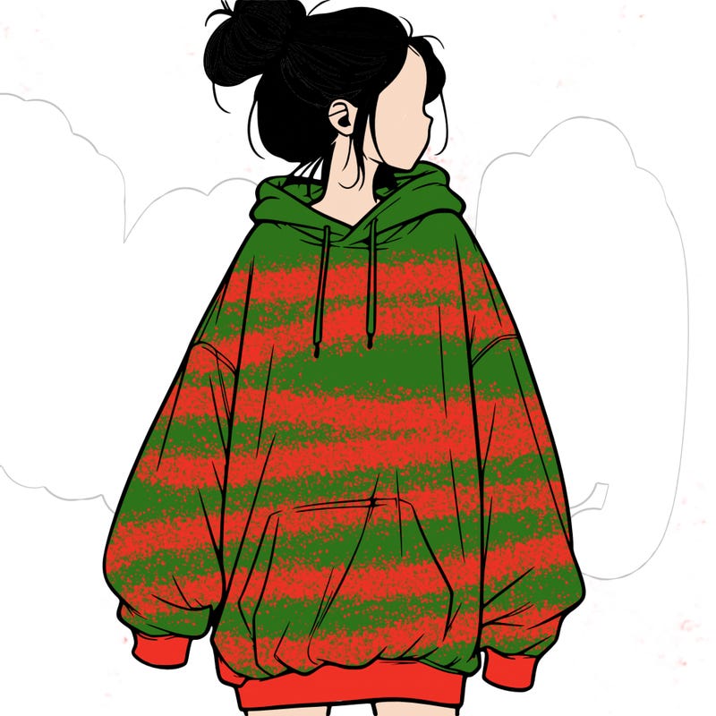 realistic girl with a oversized sweatshirt on and a bun
