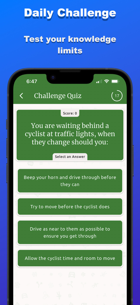 Zambia Highway Code - A multiple choice challenge quiz question in the Zambia Highway Code app regarding driving rules near cyclists