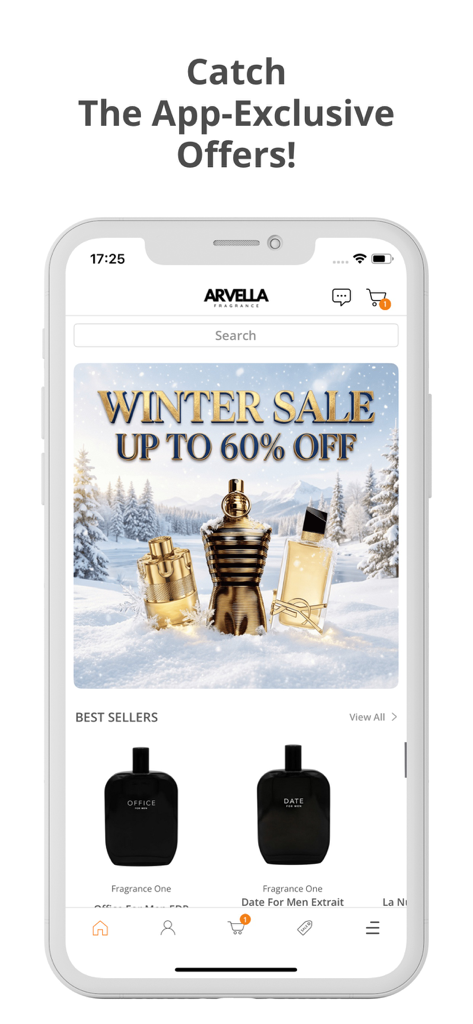 Arvella Fragrance - 아벨라 향수 모바일 앱 인터페이스에서 럭셔리 및 니치 향수 최대 60% 할인 겨울 세일 정보를 보여줍니다.