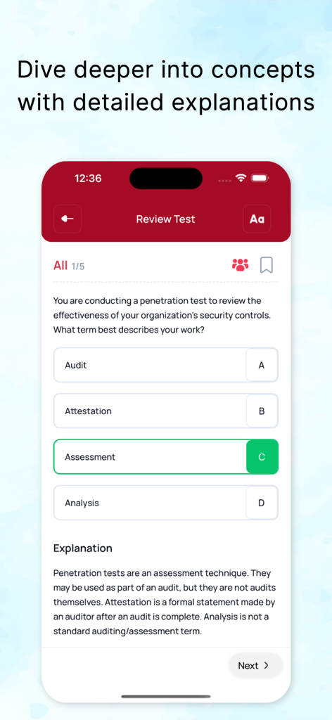 CompTIA Security+ by LearnZapp - CompTIA Security plus app screen showing a practice question and detailed explanation
