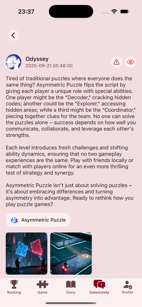 ZylithixVexora-Quorvum - Community forum screen in the ZylithixVexora-Quorvum app showing a detailed post about Asymmetric Puzzle game mechanics