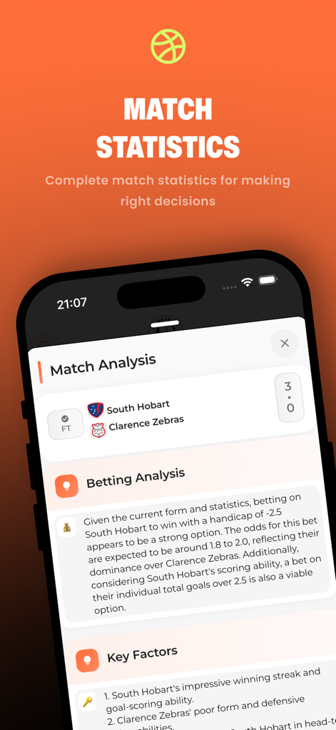 KI-Wettvorhersage-App-Oberfläche mit detaillierter Spielanalyse und Wettstatistiken für ein Fußballspiel