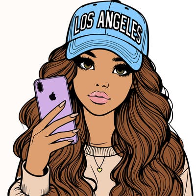 realistic beautiful girl wearing los ángeles cap holding an iphone