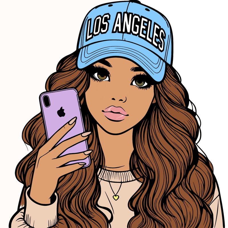 realistic beautiful girl wearing los ángeles cap holding an iphone