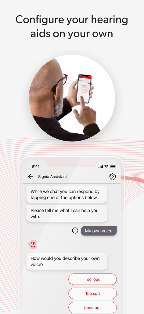 The Signia Assistant chat interface on a smartphone showing options to adjust hearing aid sound levels.