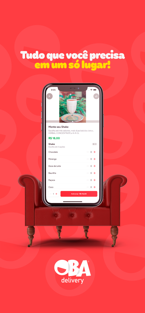 Oba Delivery - A smartphone displaying the Oba Delivery app interface for ordering a customized shake on a red background with an armchair
