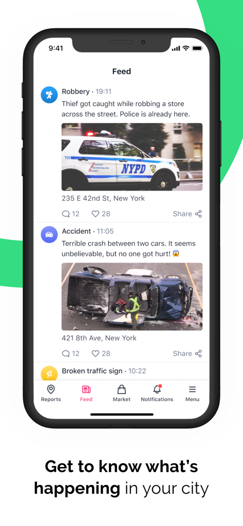 SOSAFE - City Social Network - Screenshot of the SOSAFE app feed displaying local safety reports like robberies and accidents in a city neighborhood.