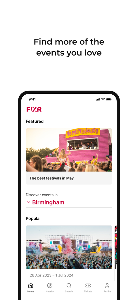 FIXR - Interfaz de la aplicación móvil FIXR que muestra secciones de descubrimiento de eventos, incluyendo festivales destacados y eventos populares.