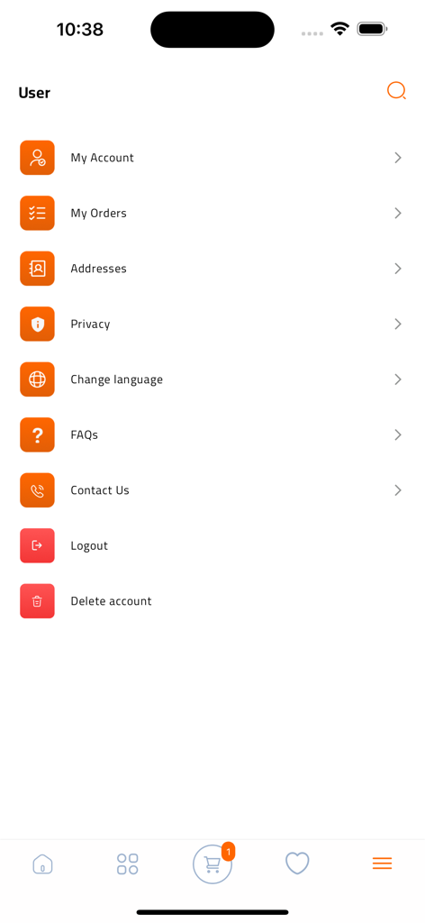 Menu de perfil do usuário e configurações de conta para o aplicativo de compras Black Box