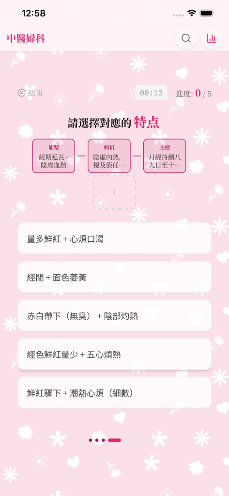 婦科考一考（香港中醫考牌） - TCM gynecology quiz app interface showing a matching game for syndromes and symptoms