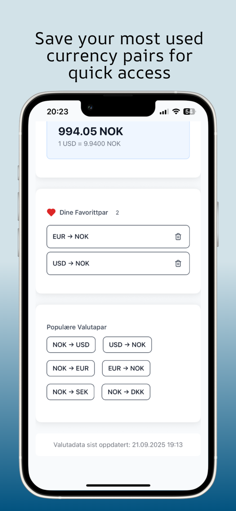 Valutakalkulator.net - Valutakalkulator app interface showing favorite currency pairs for quick access