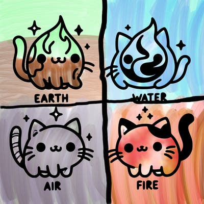 4 cats that represent the different elements, earth, water, air, and fire
