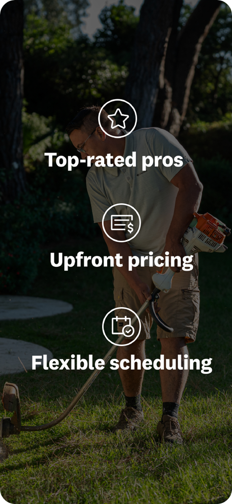 Angi app screen highlighting top-rated pros upfront pricing and flexible scheduling for home maintenance projects