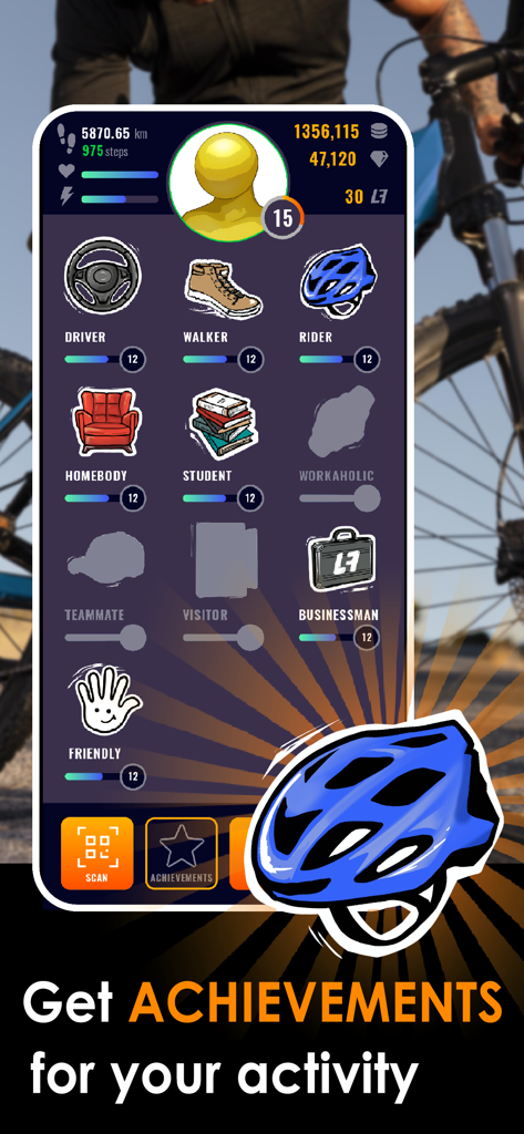 Life2App Activity & Time - Life2App mobile app screen displaying gamified activity achievements like driver walker and rider with progress bars and user level stats